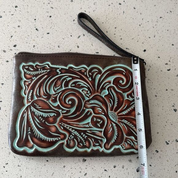 Patricia Nash Cassini Wristlet Leather Brown Turquoise Tooled Floral Zip Closure - Picture 7 of 12